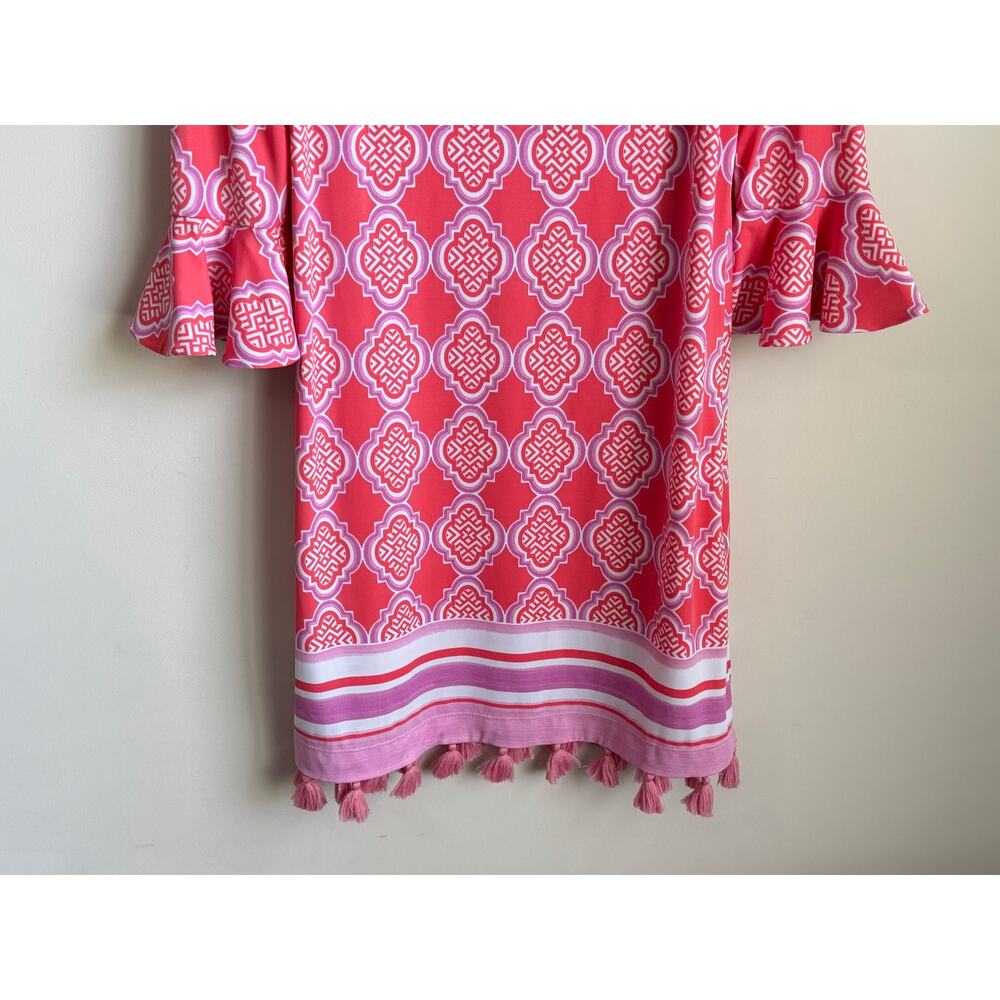 Cabana Life Coral Geo Off Shoulder Coverlux Smocked Mini Dress Pink Womens S NWT - Picture 5 of 13